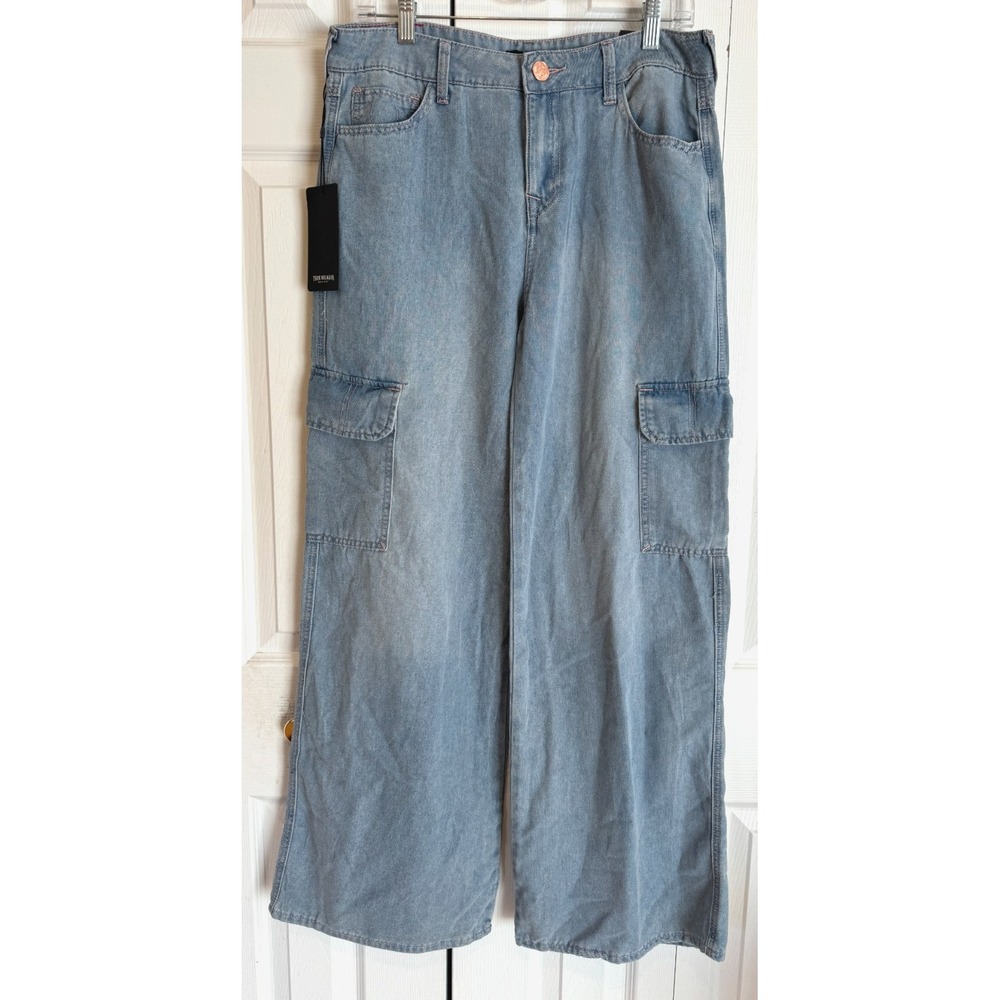 NEW True Religion Women's Light Wash Bobbi Baggy Wide Cargo Denim Jeans Size 28